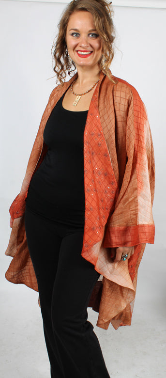 Sunheart Batwing Coat Vintage Saffron Silk Embroidered Cachet Coat Sml-7X