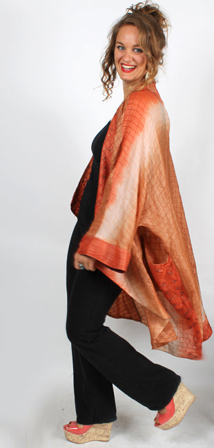 Sunheart Batwing Coat Vintage Saffron Silk Embroidered Cachet Coat Sml-7X
