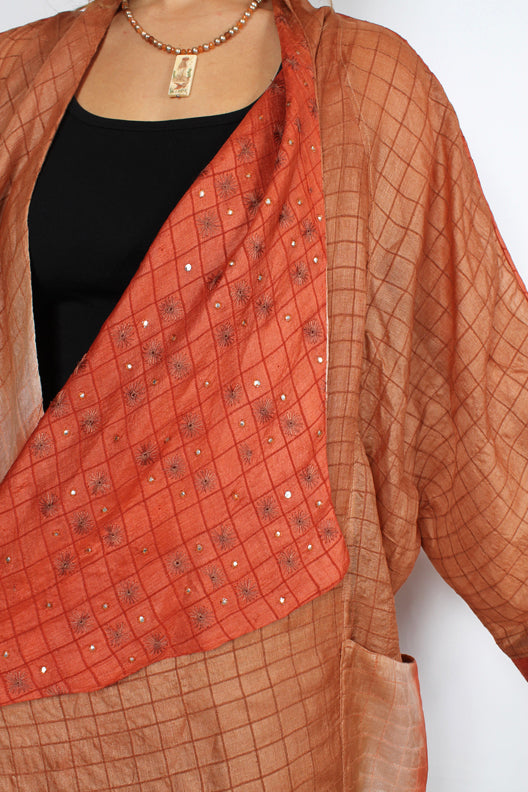 Sunheart Batwing Coat Vintage Saffron Silk Embroidered Cachet Coat Sml-7X