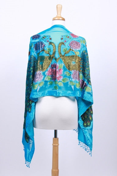 Burnout Silk Velvet Embroidered Scarf Shawl Turquoise Beaded Fringe Glam