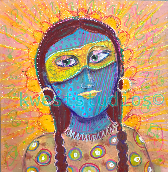 Masked Shaman Goddess 10" x 10" Wood Cradle Board Goddess Original Painting