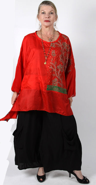 Ruby Red Embellished Silk Holiday Tunic Top OOAK Sale