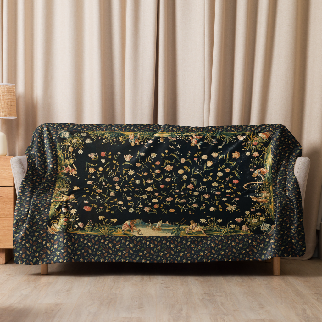 French Tapestry Enchanted Garden Sherpa Blanket – Black Floral Heirloom Throw – Old World Château Style Cozy Luxury 60"x80"