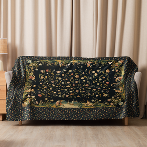 French Tapestry Enchanted Garden Sherpa Blanket – Black Floral Heirloom Throw – Old World Château Style Cozy Luxury 60