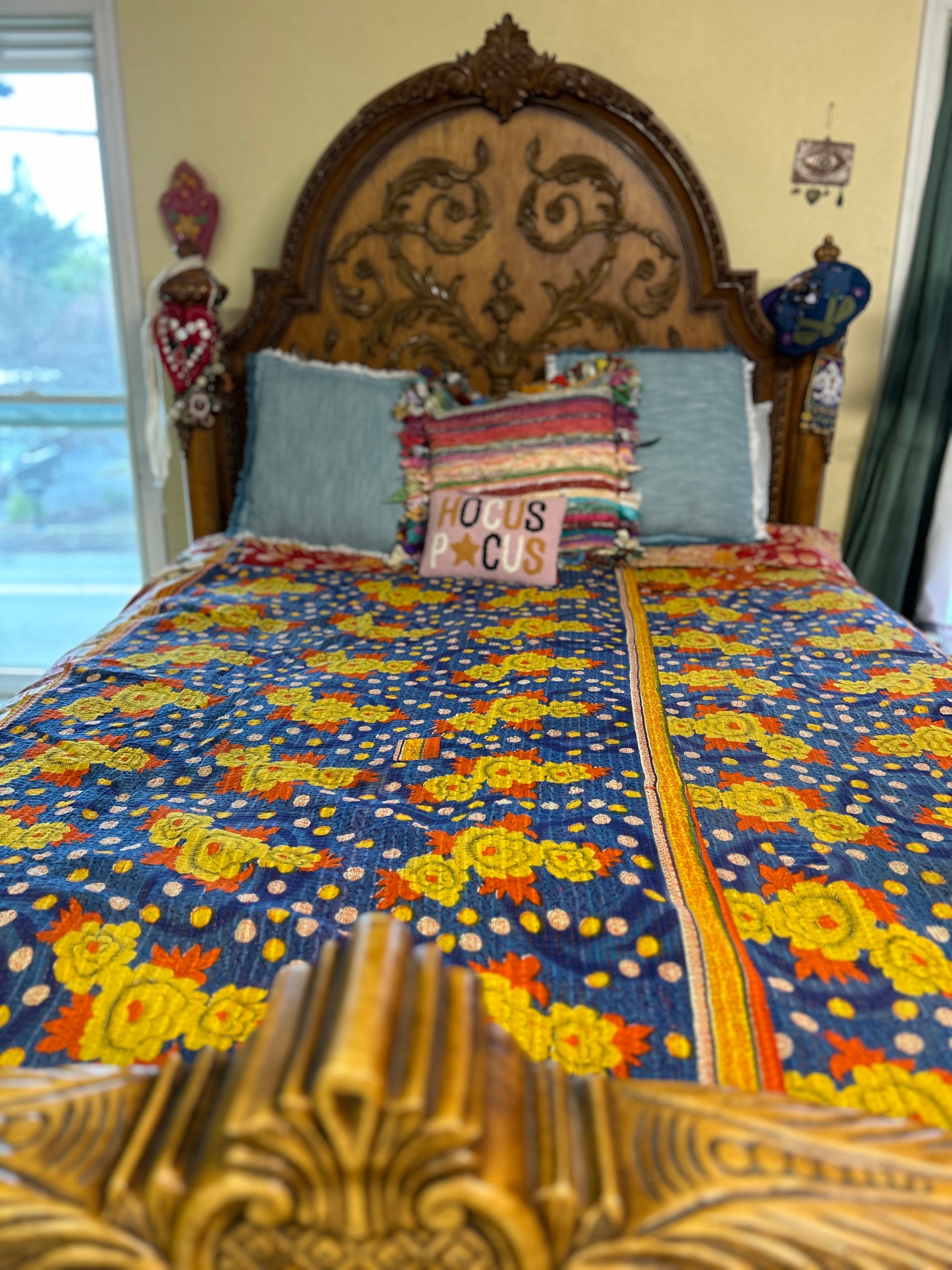 $100+ OFF! Hand-Stitched Kantha Reversible Blue - Yellow Flower Dot Blanket Home Decor