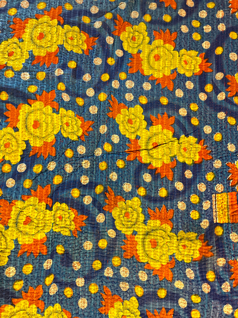 $100+ OFF! Hand-Stitched Kantha Reversible Blue - Yellow Flower Dot Blanket Home Decor