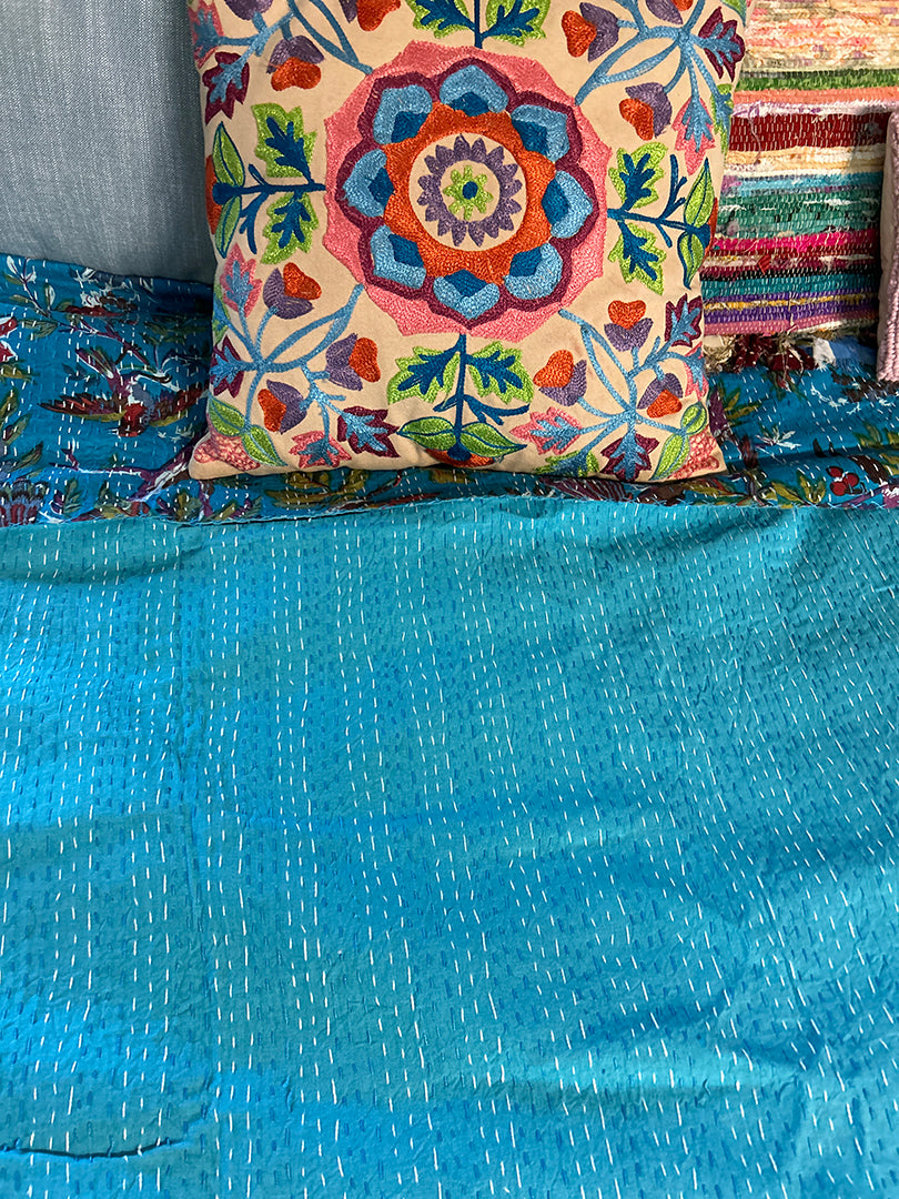 $60+ OFF! Kantha Red Bird Turquoise Hand-Stitched Reversible Bird Leaf Blanket