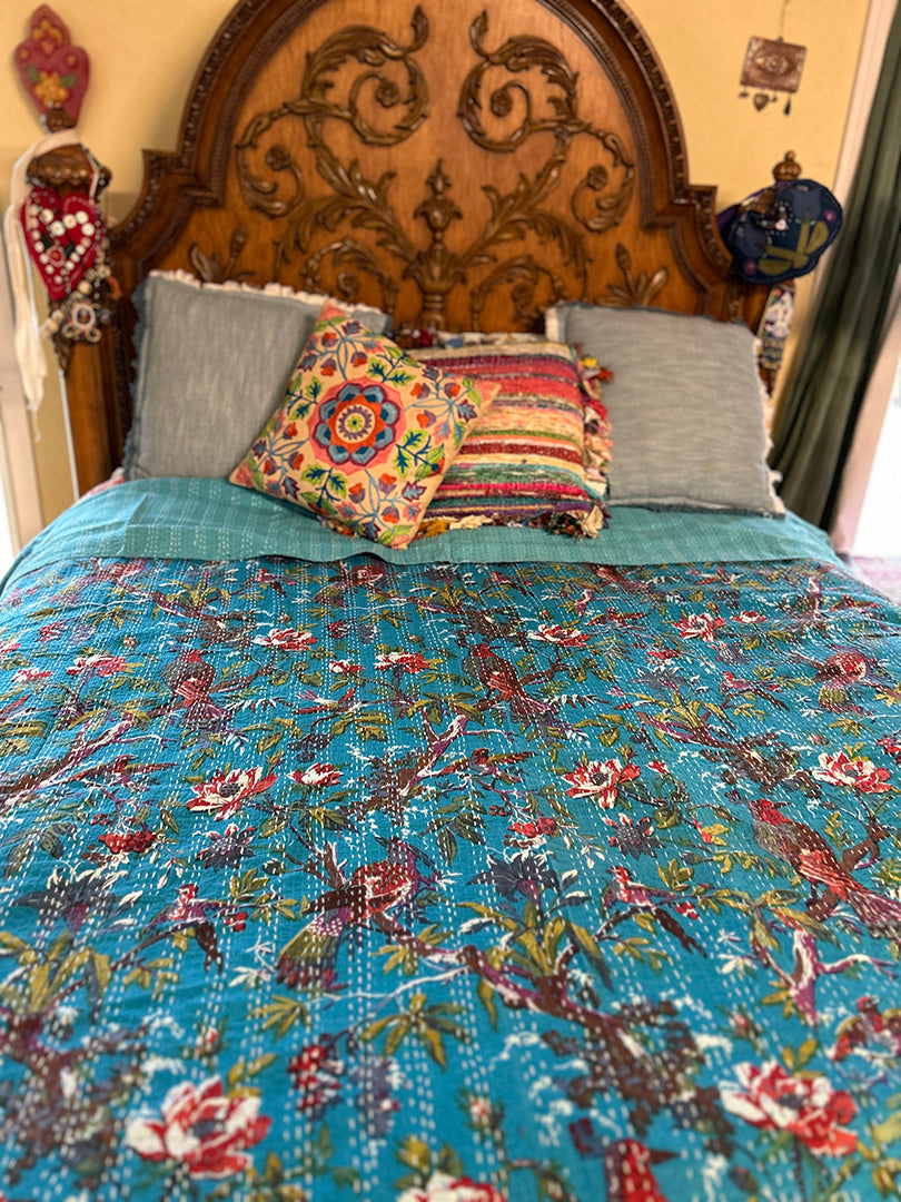 $60+ OFF! Kantha Red Bird Turquoise Hand-Stitched Reversible Bird Leaf Blanket