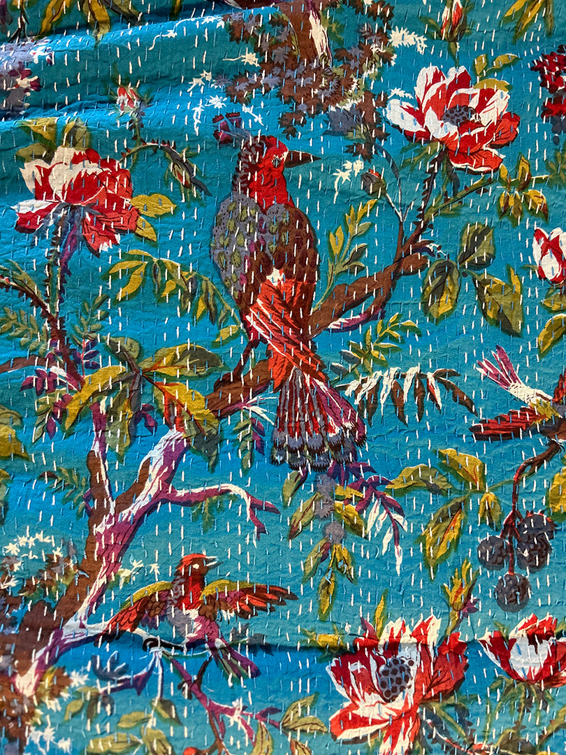$60+ OFF! Kantha Red Bird Turquoise Hand-Stitched Reversible Bird Leaf Blanket