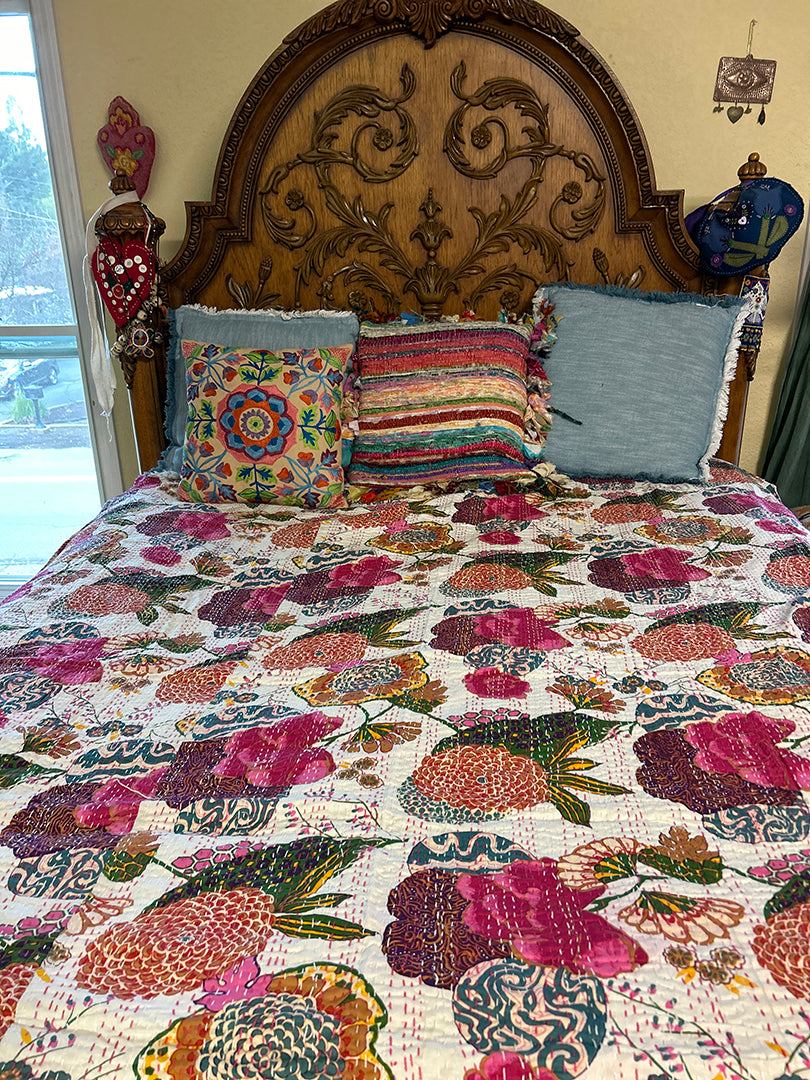 $100 Off! Hand Stitched Reversible Cream Floral  Leaf Blanket Home Decor Throw Divan