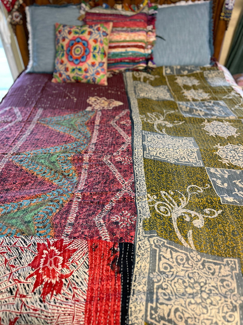 $100+ OFF! Folk Art Quilt Kantha  Hand-Stitched Reversible Blanket Kantha