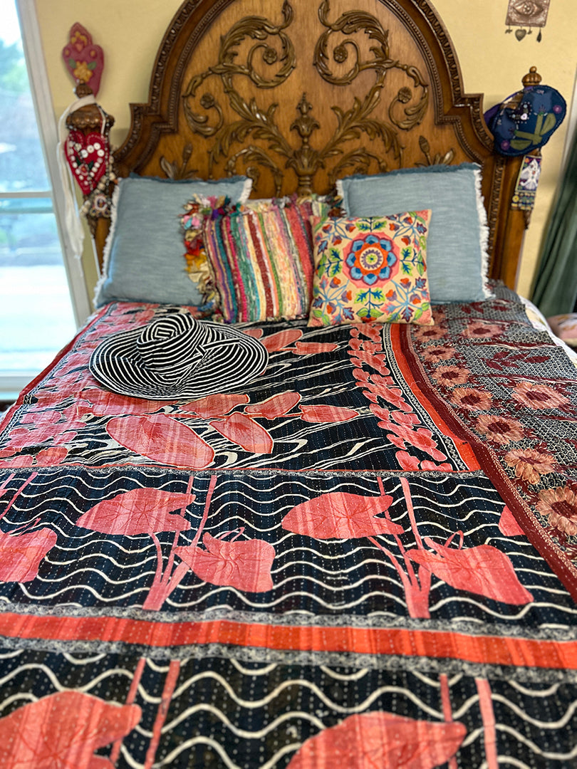 $100+ OFF! Folk Art Quilt Kantha  Hand-Stitched Reversible Blanket Kantha