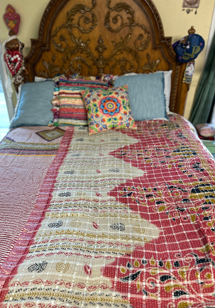 $100+ OFF! Hand-Stitched Kantha Reversible Pink Flower Leaf Blanket