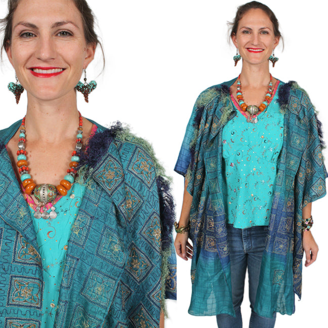 New! Sunheart  Turquoise Coat Silk Jacket Embroidered Beaded Sml-6x Plus