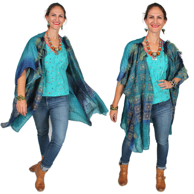 New! Sunheart  Turquoise Coat Silk Jacket Embroidered Beaded Sml-6x Plus