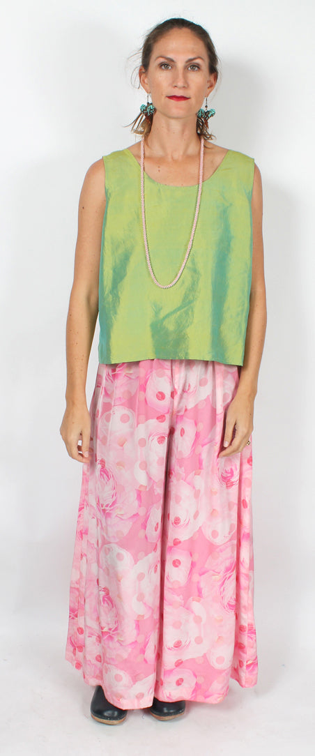 Sunheart Silk Pink Roses Floral Fem Palazzo Pants Med-4X