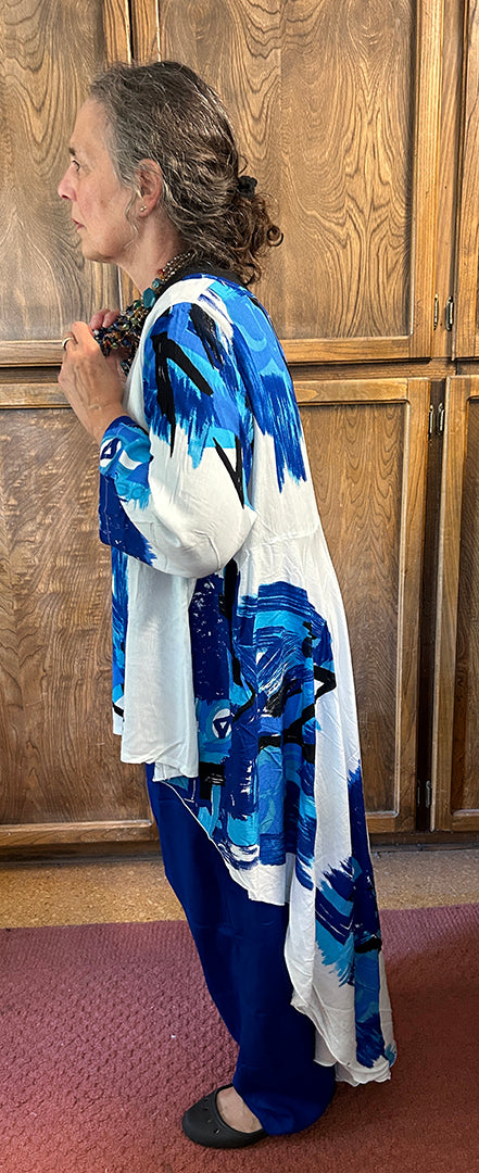 I'm the Goddess! Hey Boho Gal - Blue-White high-low long-sleeve Tunic Top
