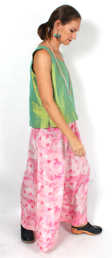 Sunheart Silk Pink Roses Floral Fem Palazzo Pants Med-4X