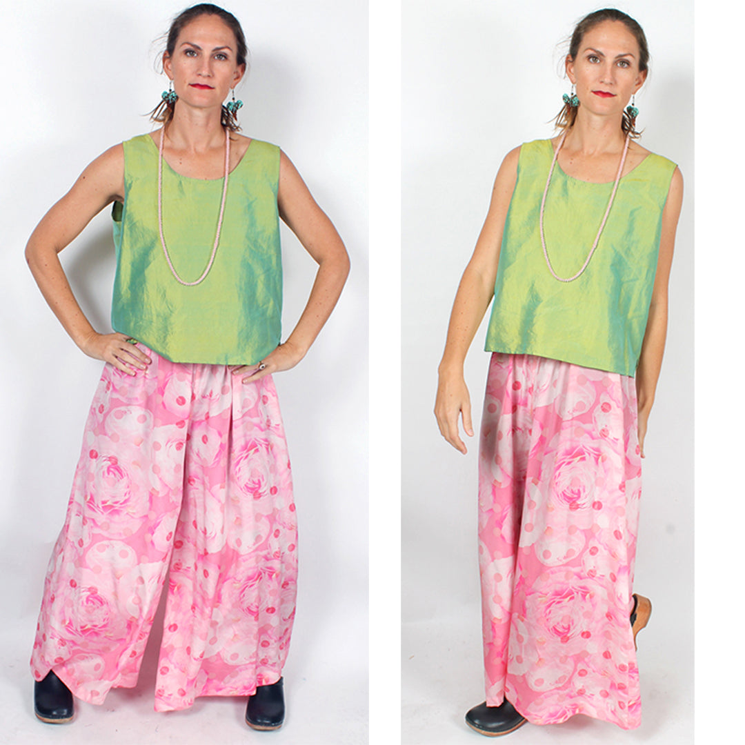 Sunheart Silk Pink Roses Floral Fem Palazzo Pants Med-4X