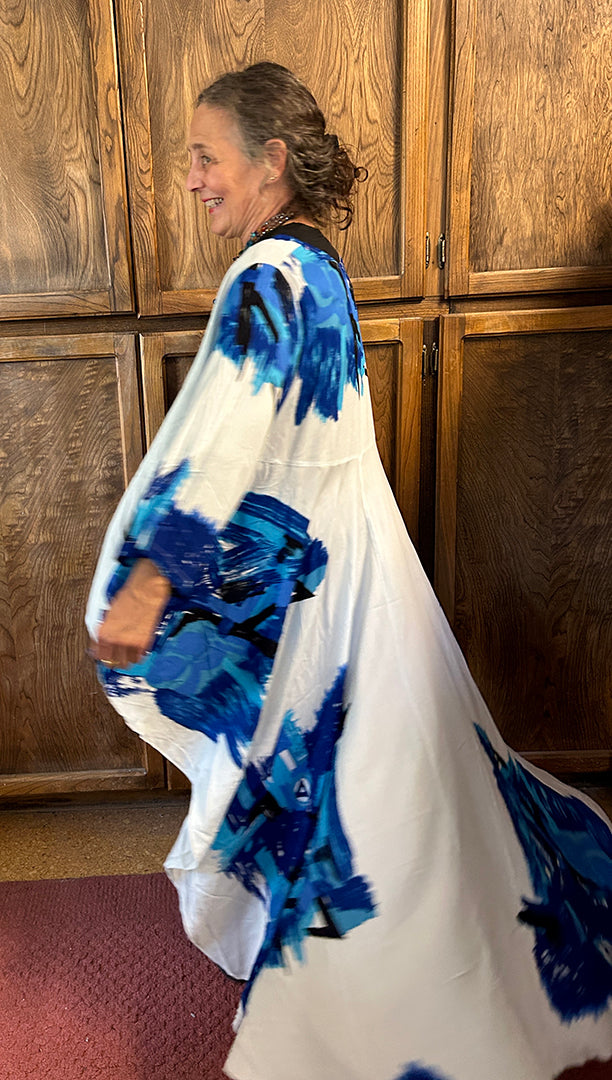 I'm the Goddess! Hey Boho Gal - Blue-White high-low long-sleeve Tunic Top