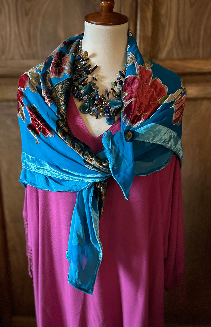 Burnout Silk Velvet Embroidered Scarf Shawl Turquoise Beaded Fringe Glam