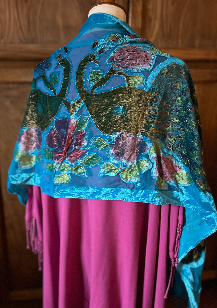Burnout Silk Velvet Embroidered Scarf Shawl Turquoise Beaded Fringe Glam
