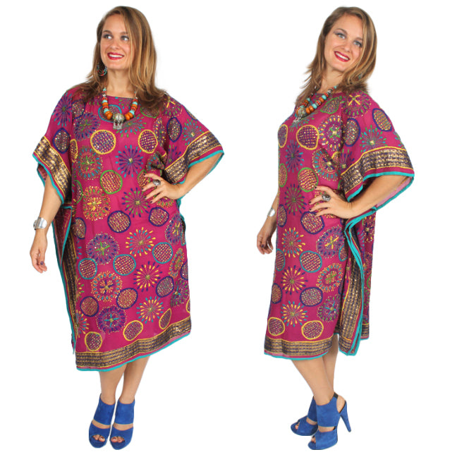 Sunheart Silk Fushia Pop! Embroidered Gem Vintage Beaded Glam Dress Caftan Poncho Tunic Top Sml-5x