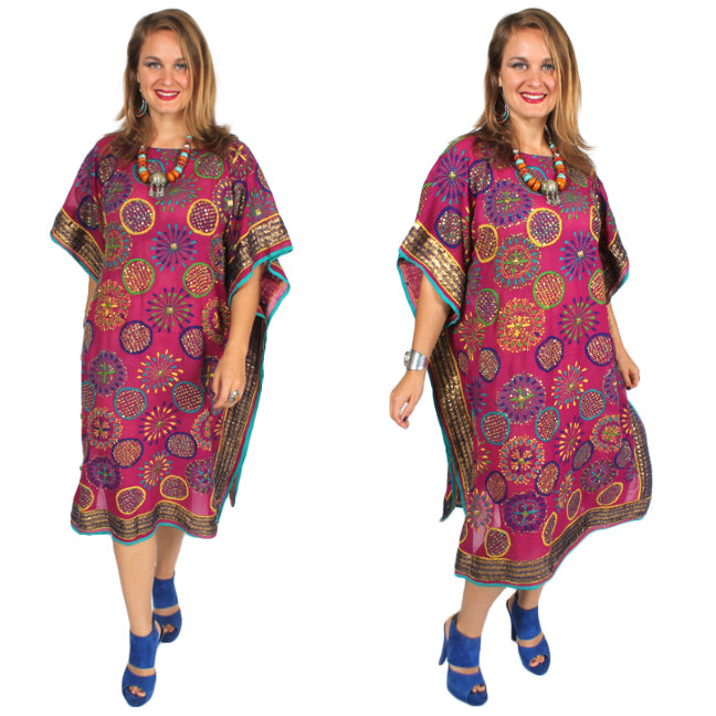 Sunheart Silk Fushia Pop! Embroidered Gem Vintage Beaded Glam Dress Caftan Poncho Tunic Top Sml-5x
