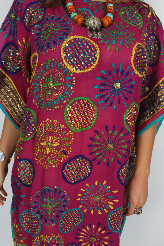 Sunheart Silk Fushia Pop! Embroidered Gem Vintage Beaded Glam Dress Caftan Poncho Tunic Top Sml-5x