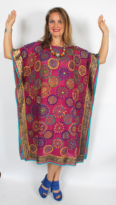 Sunheart Silk Fushia Pop! Embroidered Gem Vintage Beaded Glam Dress Caftan Poncho Tunic Top Sml-5x