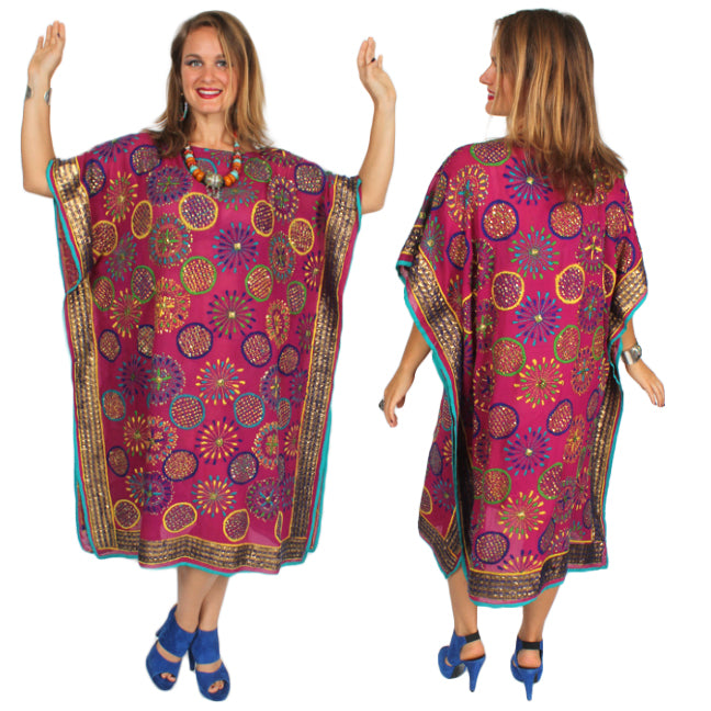 Sunheart Silk Fushia Pop! Embroidered Gem Vintage Beaded Glam Dress Caftan Poncho Tunic Top Sml-5x