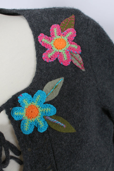 SunHeart American Eagle Outfitters Lambswool Felted Sweater Dia De Los Muertos Embroidered Flowers Sugar Skull Silk Upcycled Sml-Large