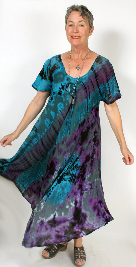 Sunheart Turquoise Tie-Dye Batik Summer s/slv Dress Boho Hippie Chic Resort Wear Sml-4x+