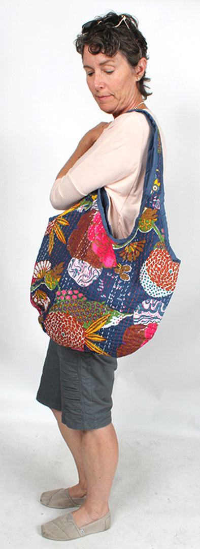 Navy Floral Embroidered Batik Shoulder Bag-Purse