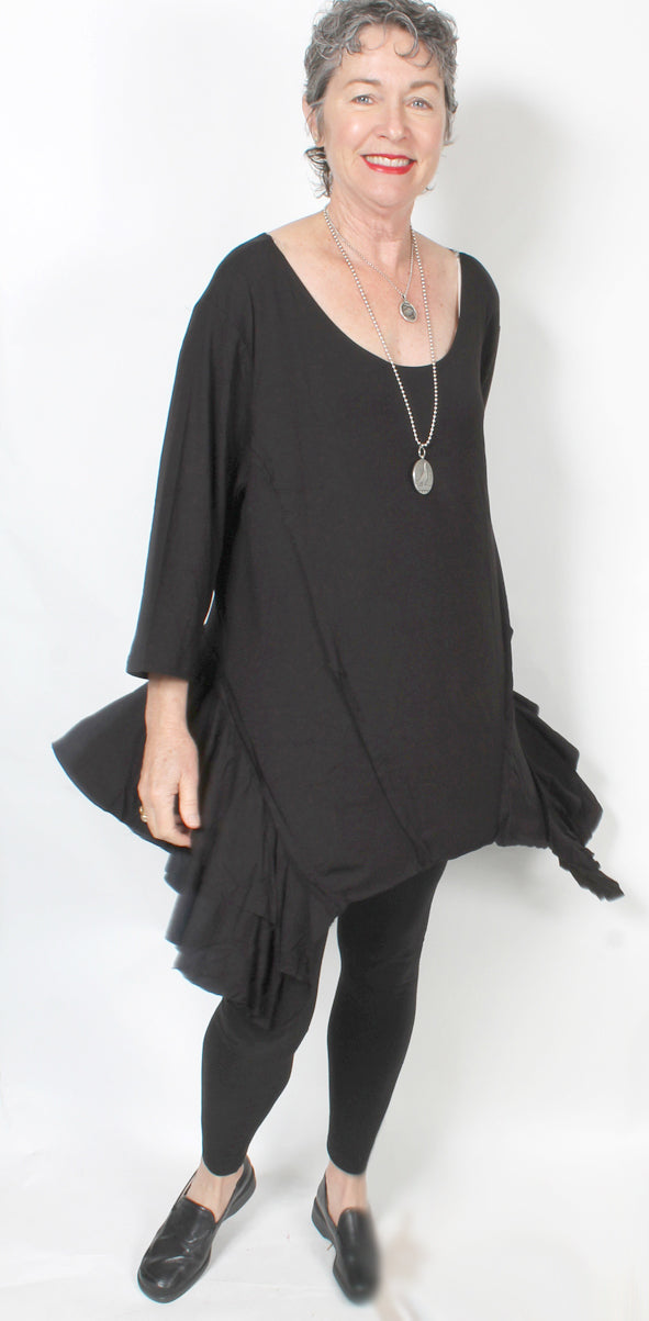BLACK Lagenlook Tunic Ruched Hem Sml-2x