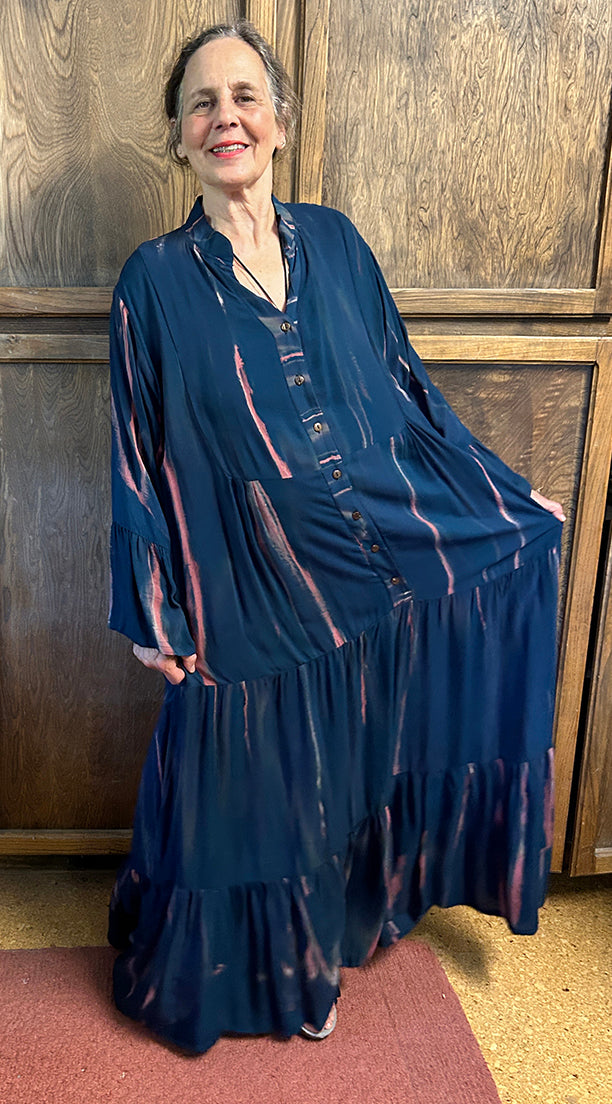 Navy Caramel Long 3 Tier Dress one-of-a-kind Boho Goddess Gal