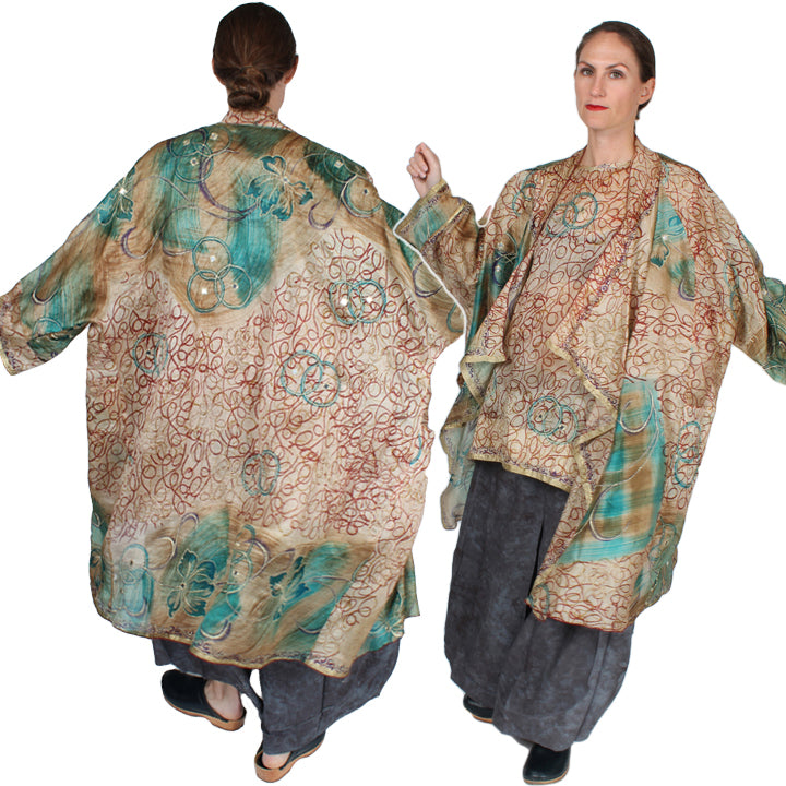 New! Sunheart  Coat Vintage Silk Embroidered Gold Scribble Cachet Coat Sml-7X