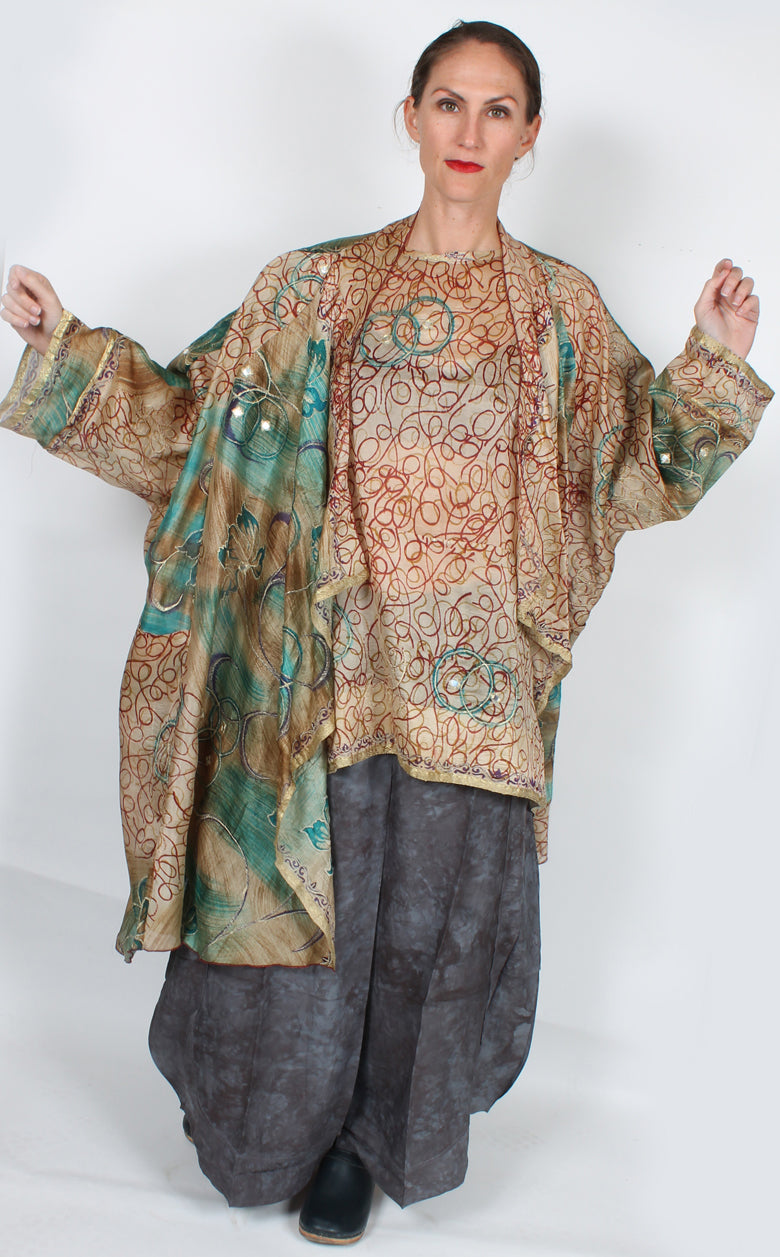 New! Sunheart  Coat Vintage Silk Embroidered Gold Scribble Cachet Coat Sml-7X