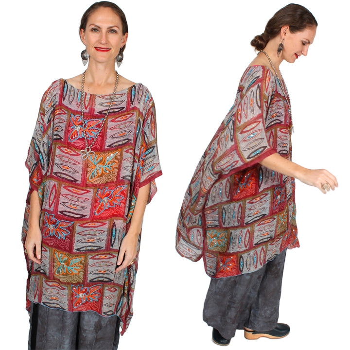 Sunheart Lux Silk Embroidered Gem Vintage Beaded Glam Dress Caftan Poncho Tunic Top Sml-7x