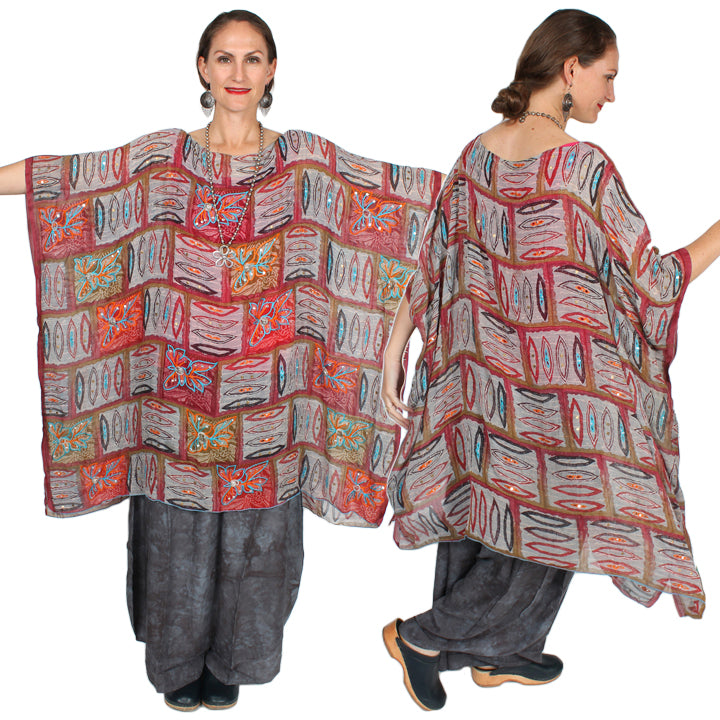Sunheart Lux Silk Embroidered Gem Vintage Beaded Glam Dress Caftan Poncho Tunic Top Sml-7x