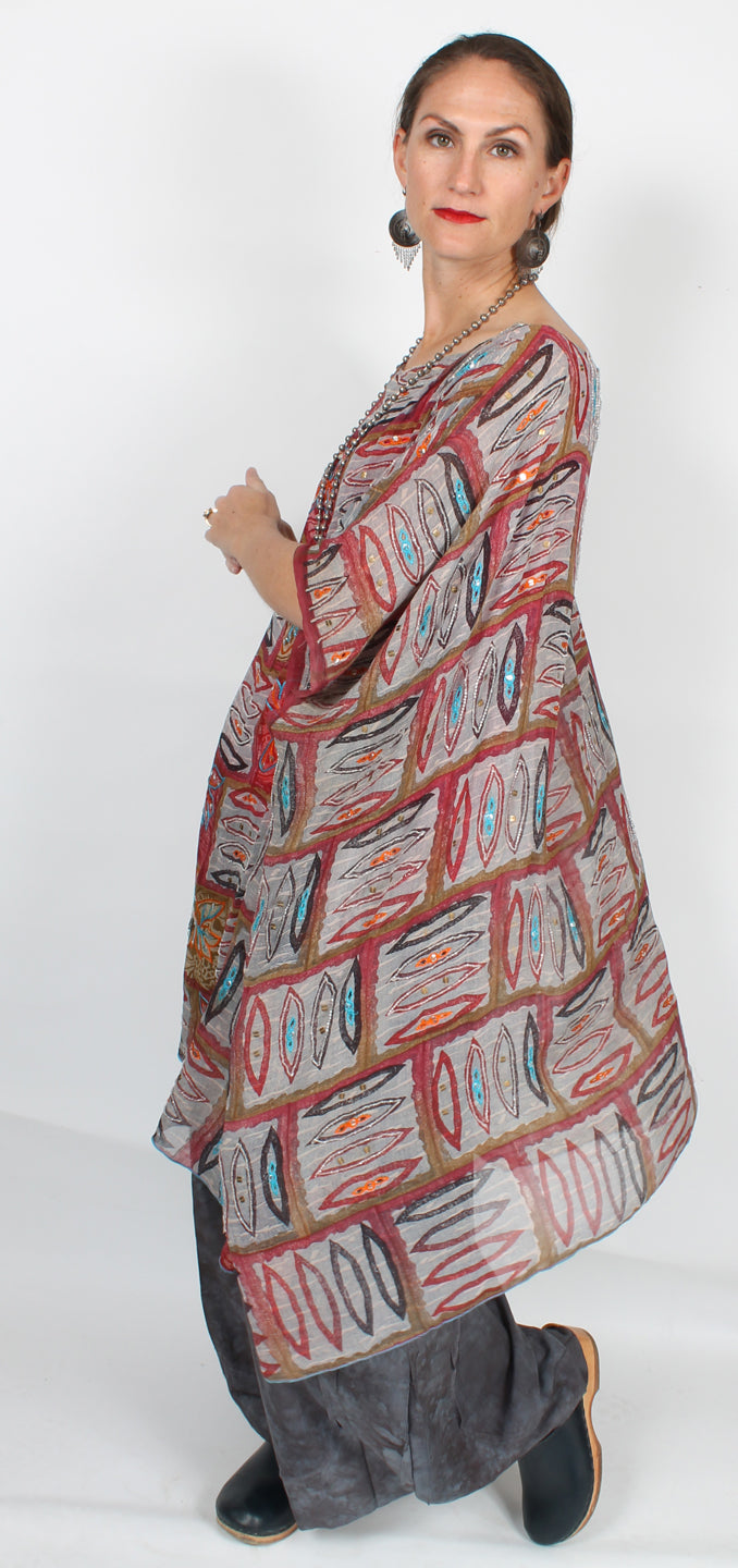 Sunheart Lux Silk Embroidered Gem Vintage Beaded Glam Dress Caftan Poncho Tunic Top Sml-7x