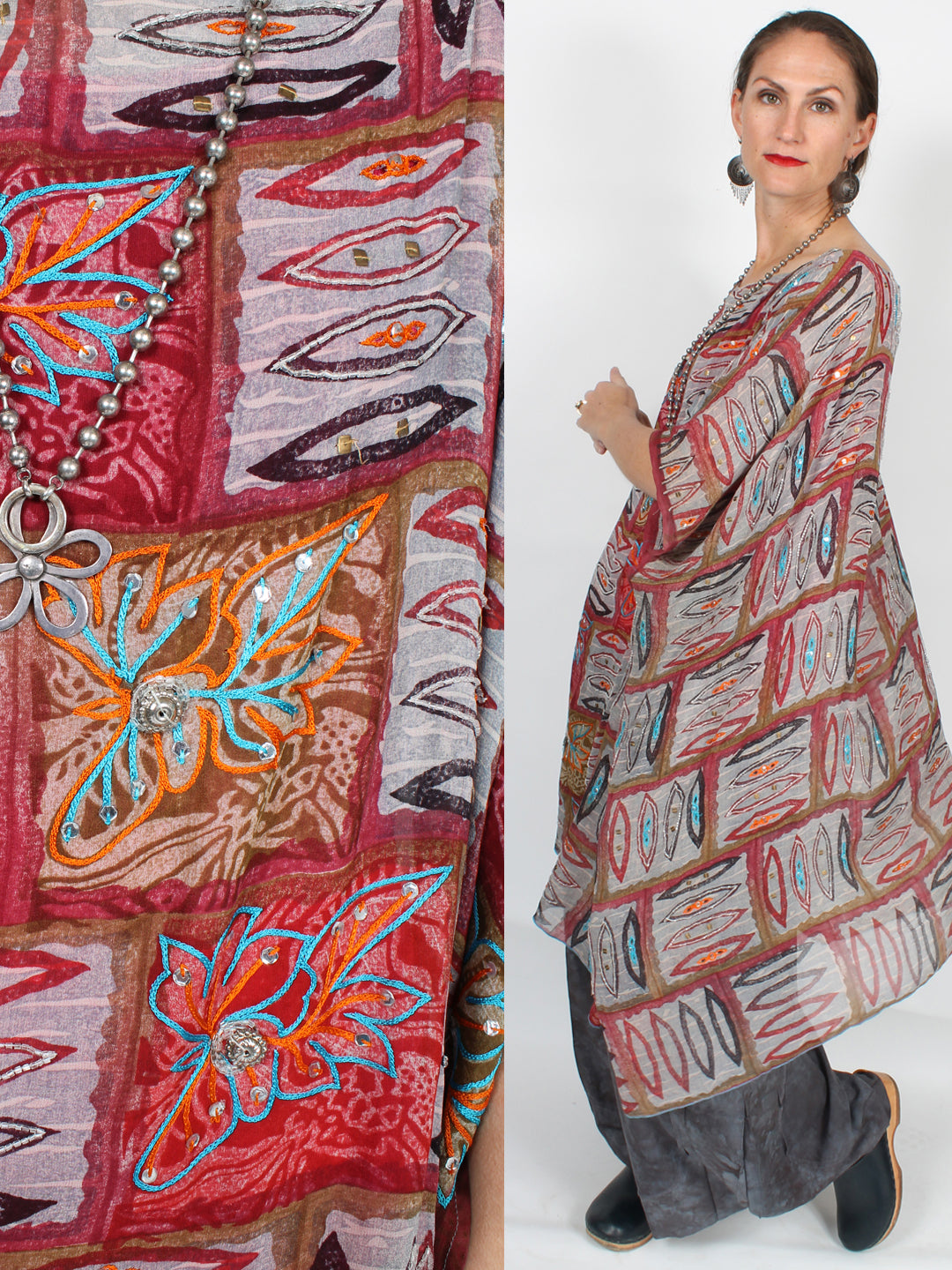 Sunheart Lux Silk Embroidered Gem Vintage Beaded Glam Dress Caftan Poncho Tunic Top Sml-7x