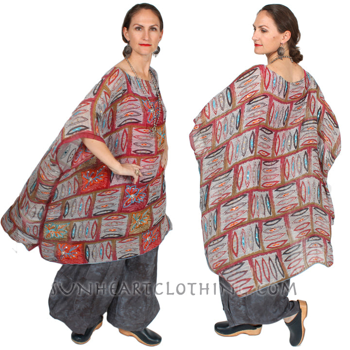 Sunheart Lux Silk Embroidered Gem Vintage Beaded Glam Dress Caftan Poncho Tunic Top Sml-7x