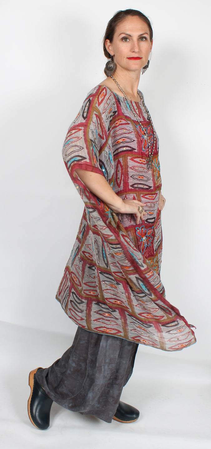 Sunheart Lux Silk Embroidered Gem Vintage Beaded Glam Dress Caftan Poncho Tunic Top Sml-7x
