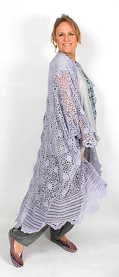 Sunheart Vintage Lavander Upcycled Crochet Coat Boho Hippie ChicVictorian Violet Crochet Duster – Upcycled Batwing Kimono Jacket with Beading SMl-8X