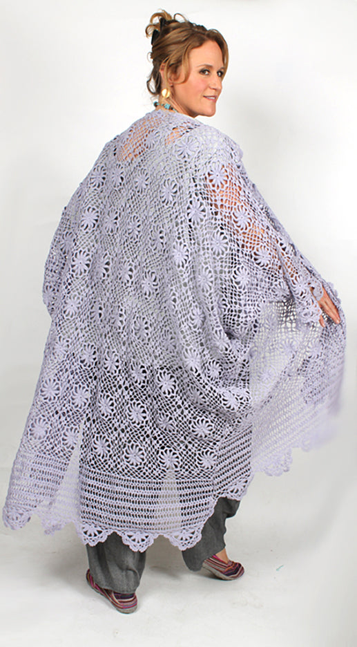 Sunheart Vintage Lavander Upcycled Crochet Coat Boho Hippie ChicVictorian Violet Crochet Duster – Upcycled Batwing Kimono Jacket with Beading SMl-8X