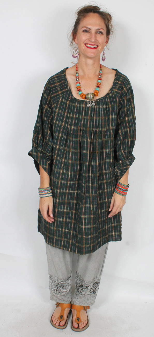Sunheart Pleated Plaid Cotton Blouse Top Boho XL-1X-2x
