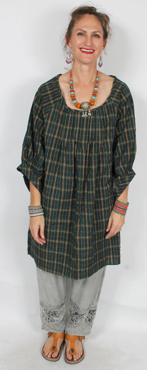 Sunheart Pleated Plaid Cotton Blouse Top Boho XL-1X-2x