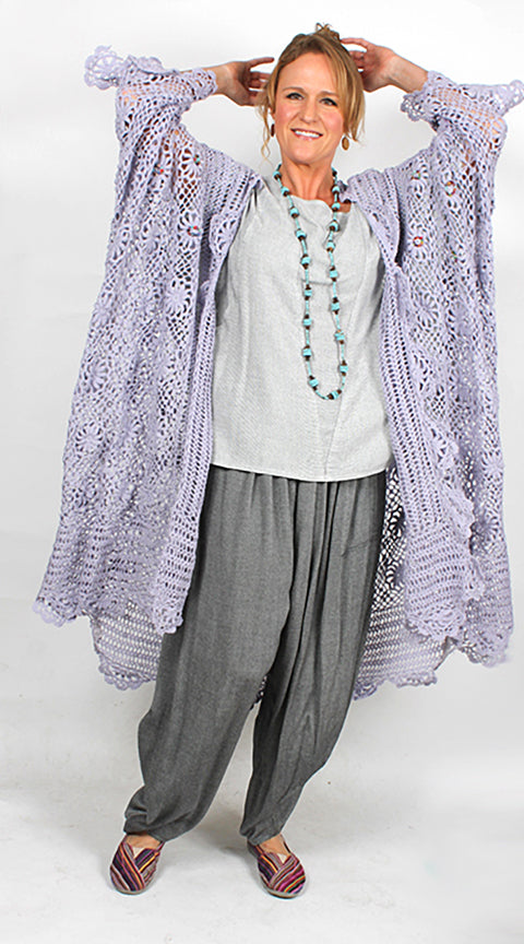 Sunheart Vintage Lavander Upcycled Crochet Coat Boho Hippie ChicVictorian Violet Crochet Duster – Upcycled Batwing Kimono Jacket with Beading SMl-8X