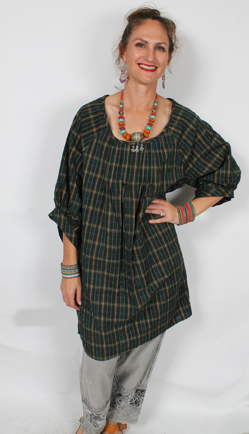 Sunheart Pleated Plaid Cotton Blouse Top Boho XL-1X-2x